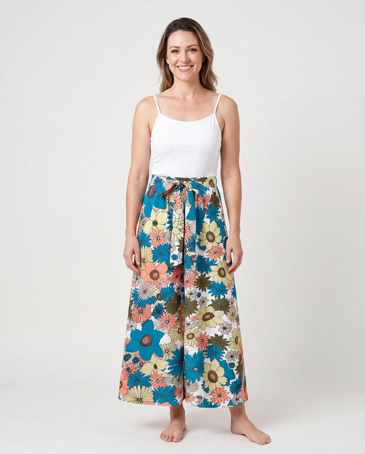 Mommy & me Set Sun Flower Print Short-sleeve Collar Shirt or White Camisole Top and Flower Wide-leg Pants Set for Summer Vacation Multi-color