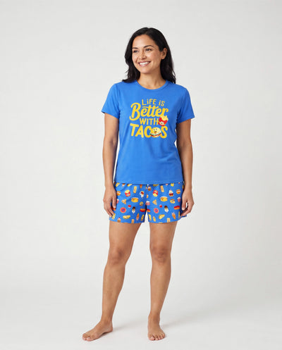 Pijamas de Bambú para Mamá y Yo Pijamas de Bambú Suaves como Mantequilla para Hombres, Mujeres, Niños y Niñas Pequeñas, Pijama de Manga Corta con Estampado de Hamburguesa y Papas Fritas (Ajustado para Niños) Azul Real