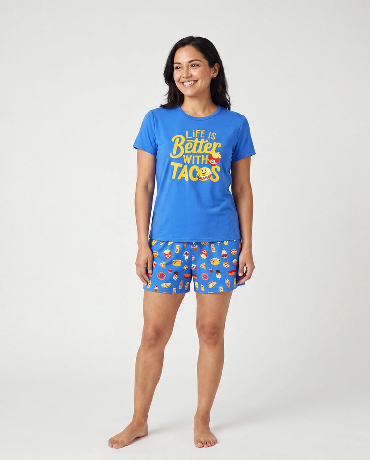 Pyjamas en bambou Maman & moi Pyjamas en bambou ultra doux pour hommes, femmes, enfants et tout-petits, motif mignon burger & frites, pyjama à manches courtes (ajusté pour enfants) Bleu royal
