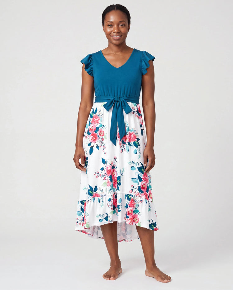 Conjuntos de vestidos para mamá y niña con escote en V sólido, mangas con volantes y combinación de estampado floral Azul celeste-
