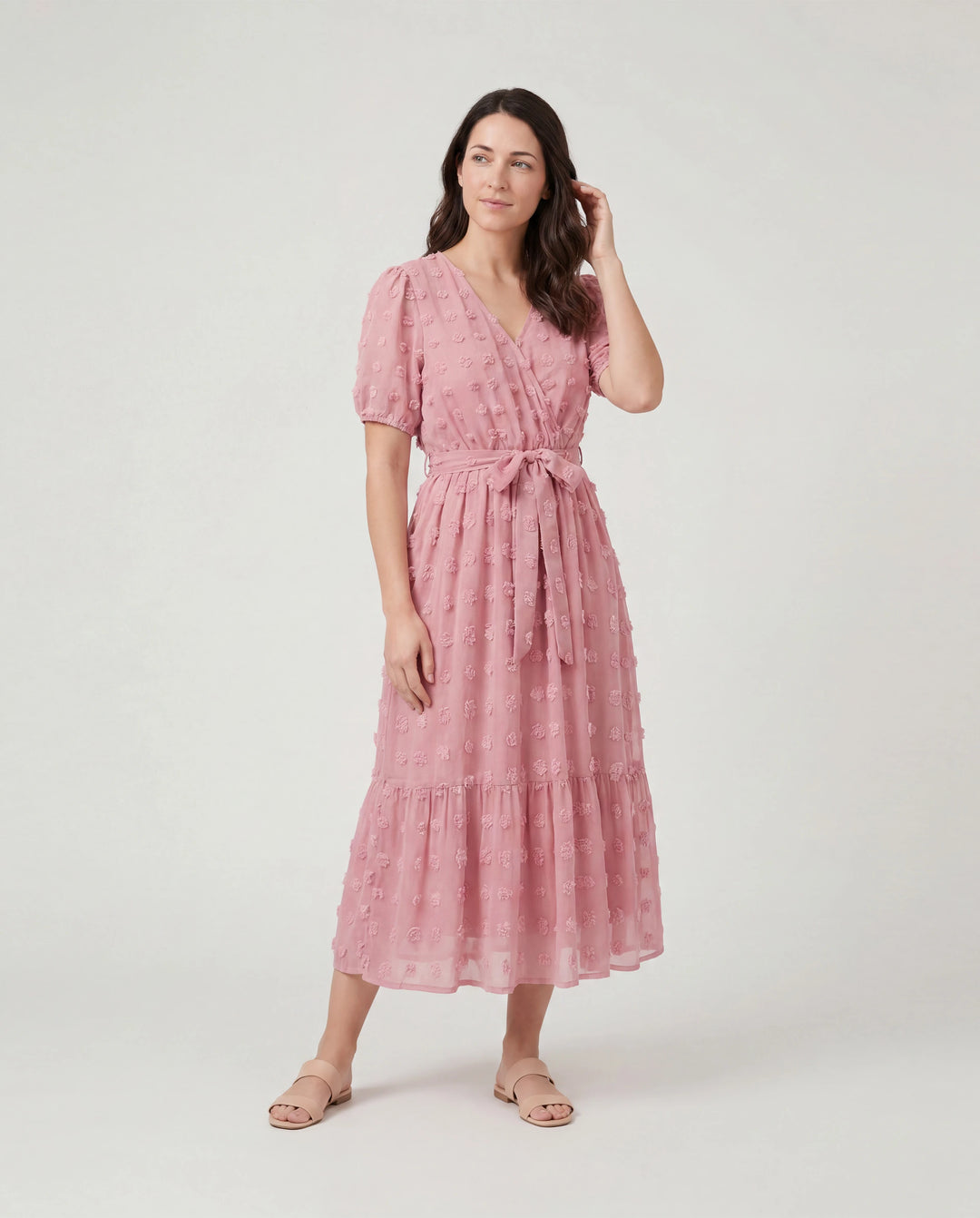Family Matching Pink Set Solid Colorblock Polo collar Short-sleeve Shirt or Ruffle-sleeve Belted Dress Pink