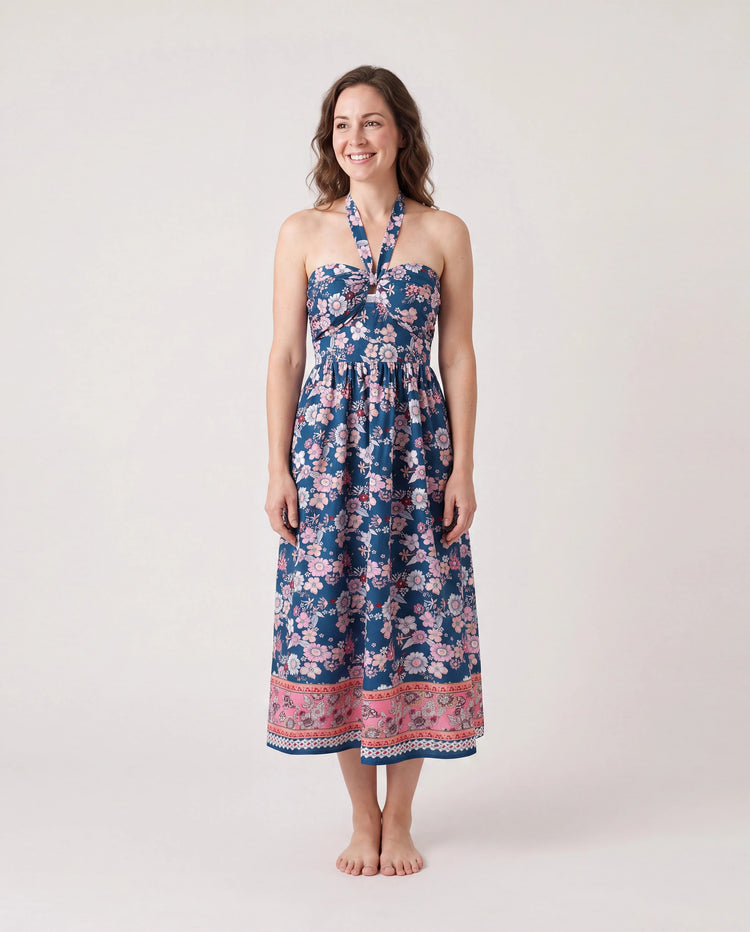 Conjunto de Ropa a Juego para la Familia Camisa con Cuello y Estampado Floral Completo de Manga Corta o Vestido sin Mangas Halter para Vacaciones de Verano CIAN-