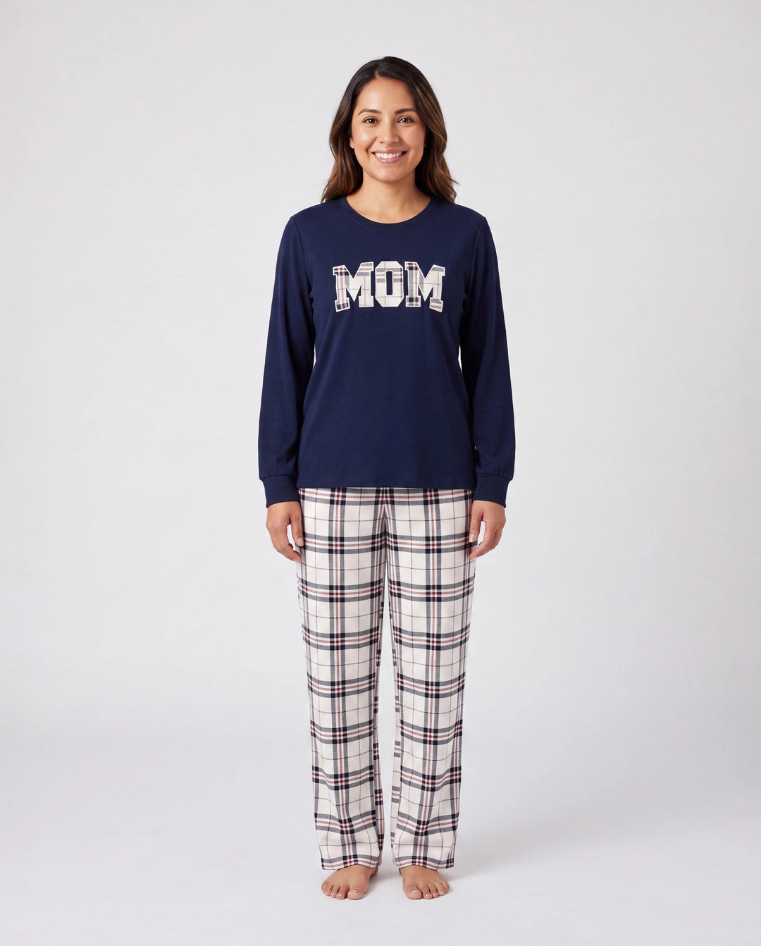 Family Matching School Grid Letter Print Patch Long Sleeve Pajamas Sets Blue