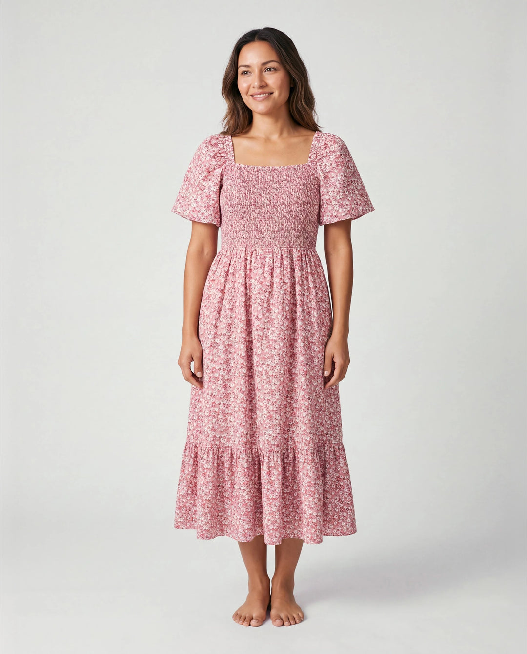 Conjunto Mamá y Yo Vestido con Fruncido, Mangas Abullonadas y Estampado Floral Azul y Rosa