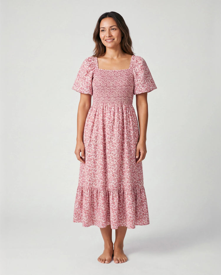 Conjunto Mamá y Yo Vestido con Fruncido, Mangas Abullonadas y Estampado Floral Azul y Rosa