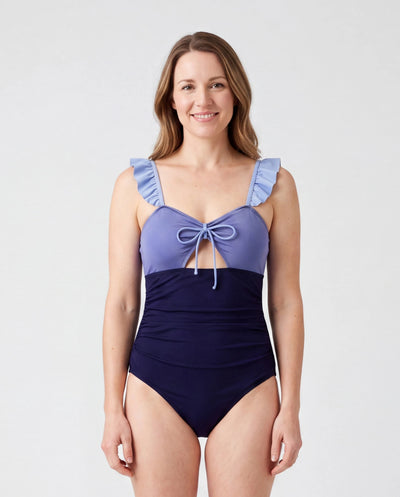 Family Matching Drawstring Swim Trunks or Ruched Bow Tie Cut Out Mesh Ruffle Strap One-Piece Swimsuit (Quick-Dry) MultiColour