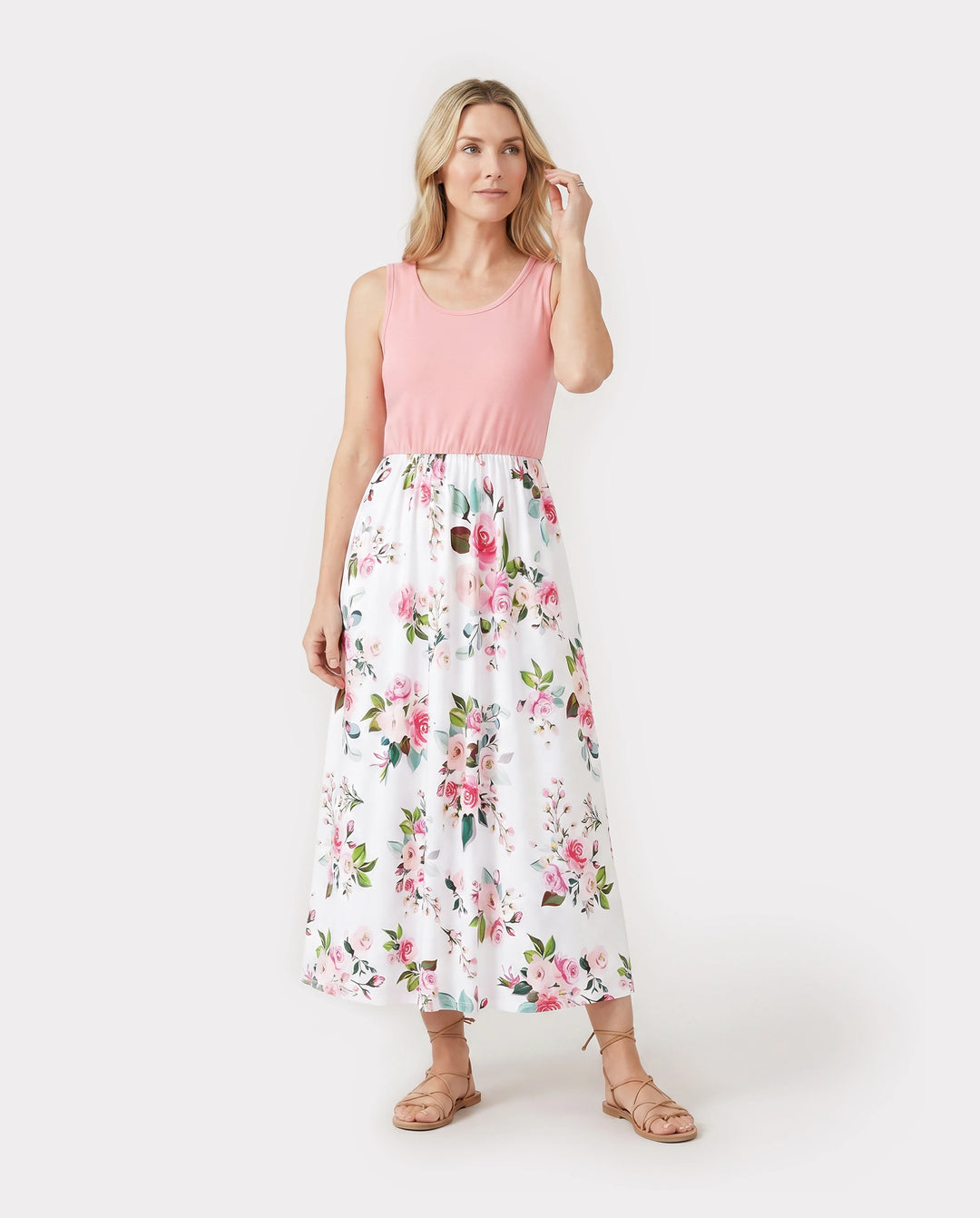 Conjuntos familiares de vestidos midi con estampado floral sin mangas en rosa y polos de manga corta con bloques de color en rosa