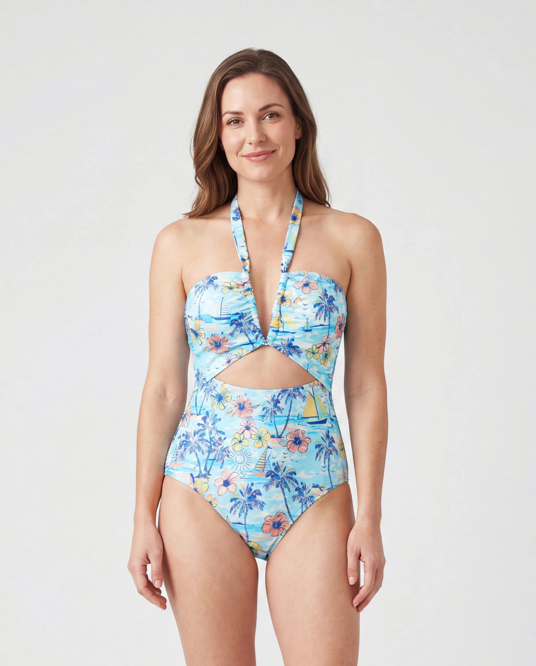 Mommy & me Swimwear Tropical Print, Mommy Tie-front Cutout One-piece Swimsuit, Girl two-piece Swimsuit Daddy & Son Swim Trunks Set for Summer Beach Vacation Light Blue