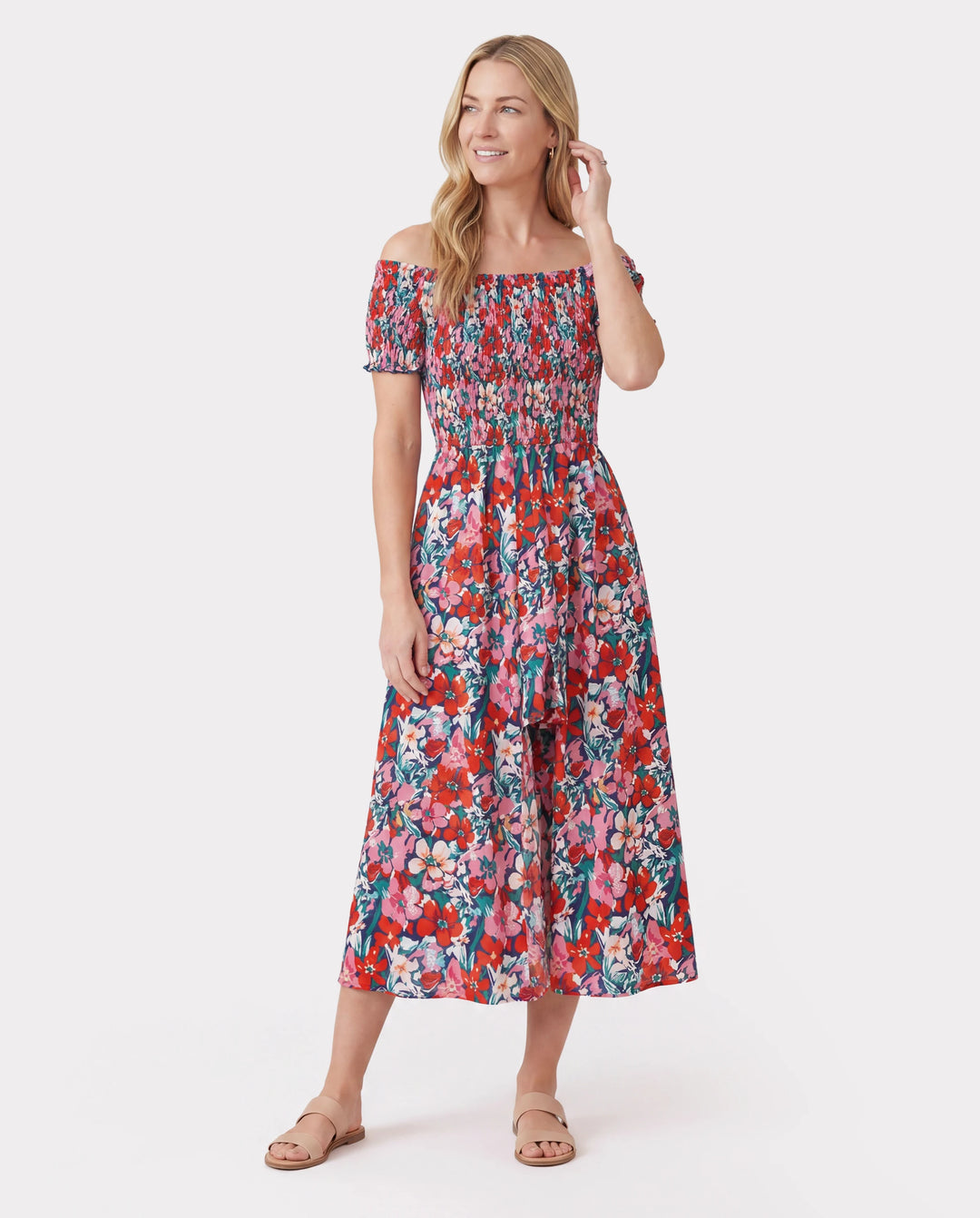 Family Matching Floral Print Short-sleeve Shirt or Off Shoulder Smocking Dresses Set Dark Blue