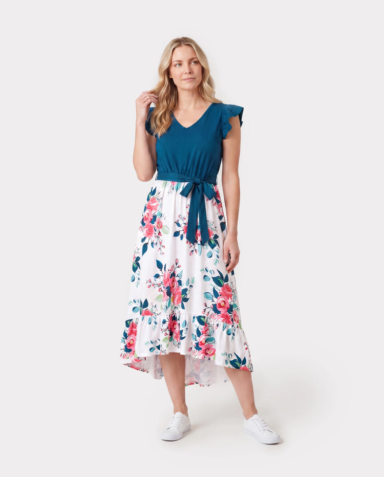 Family Matching Solid V Neck Flutter-sleeve Splicing Floral Print Dresses and Short-sleeve Colorblock T-shirts Sets Azure-