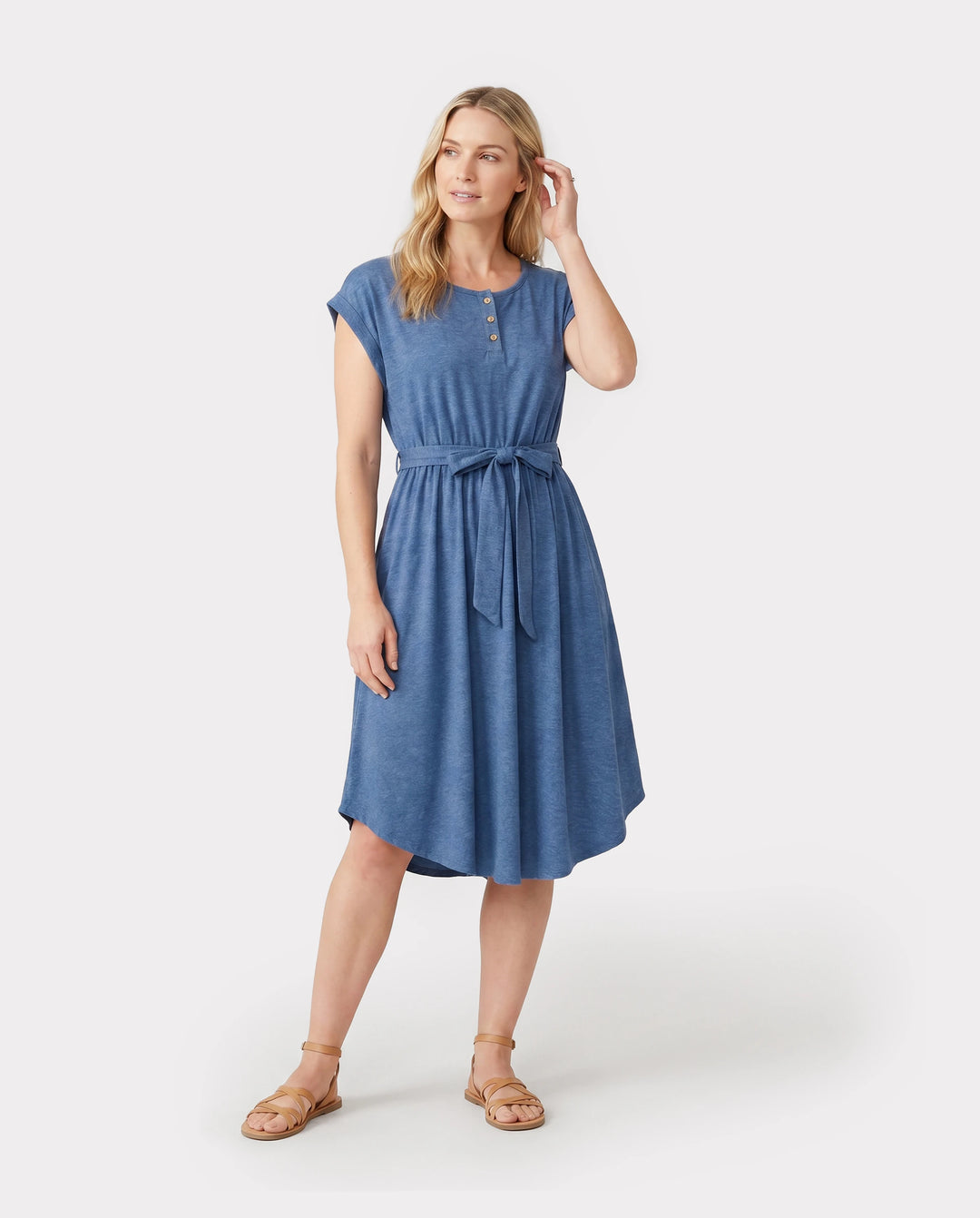 Family Matching Soft Casual Outfit with Below Knee Dresses, Front Buttons, Belted Design Blue