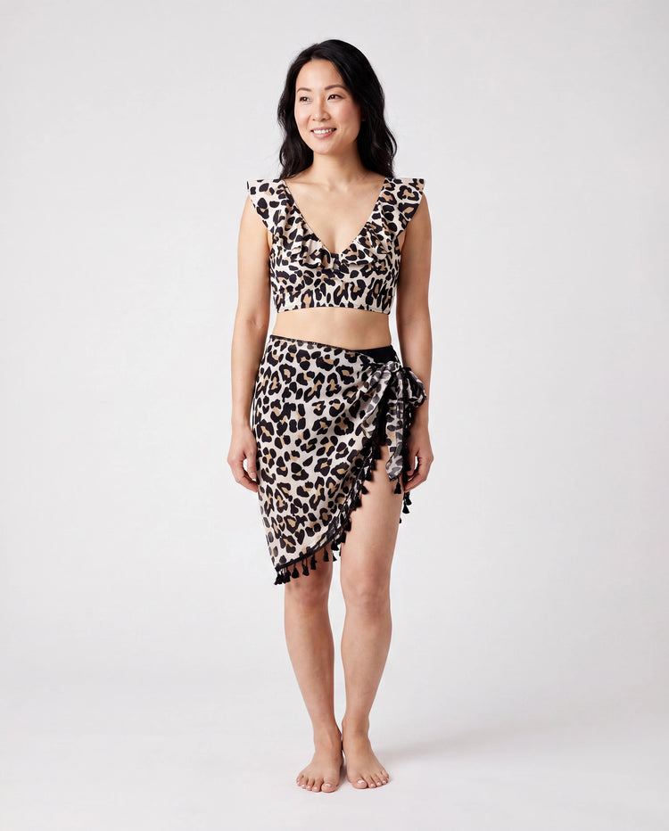 Family Matching Leopard Pattern Drawstring Swim Trunks or Ruffle Neck Two-Piece Bikini with Optional Cover Up Sarong Skirt Black