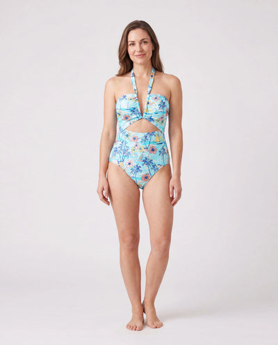 Family Matching Swimwear Tropical Print, Mommy Tie-front Cutout One-piece Swimsuit, Girl two-piece Swimsuit Daddy & Son Swim Trunks Set for Summer Beach Vacation Light Blue