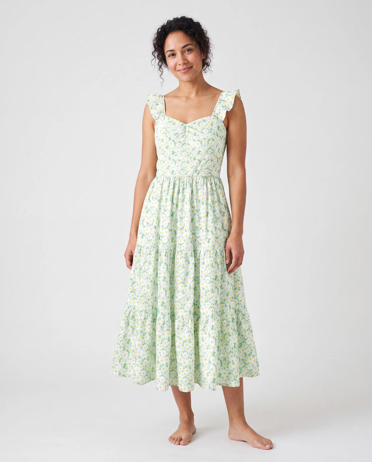 Mommy and Me Floral Dress with Flutter Sleeves Light Green Daisy Print Pale Green