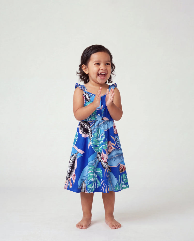 Toddler/Kid Girl Tropical Dress – Blue Floral Print, Perfect for Summer Vacations and Family Photos Blue