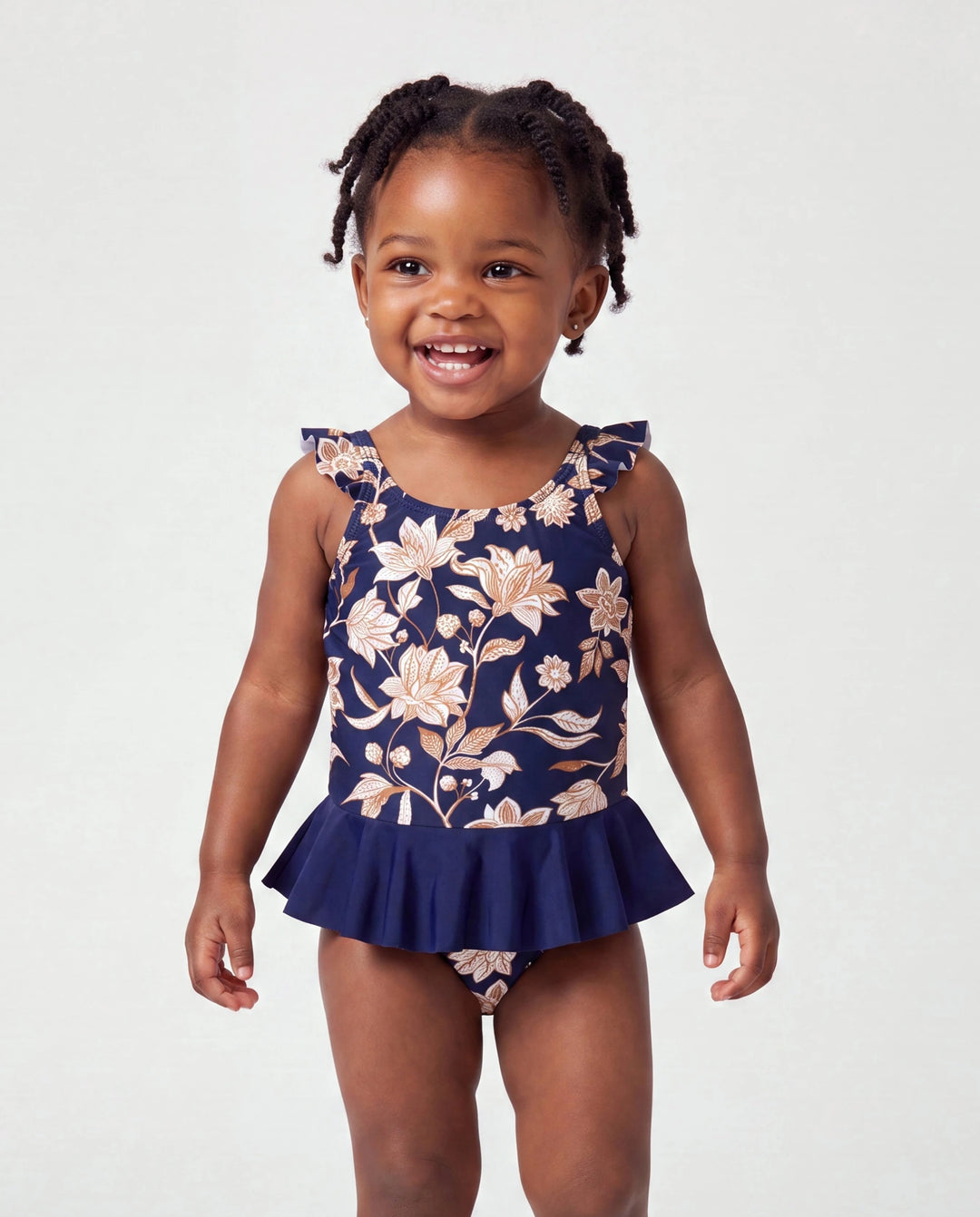 Bañadores con estampado floral para niña pequeña 2 en 1 de una pieza Azul profundo