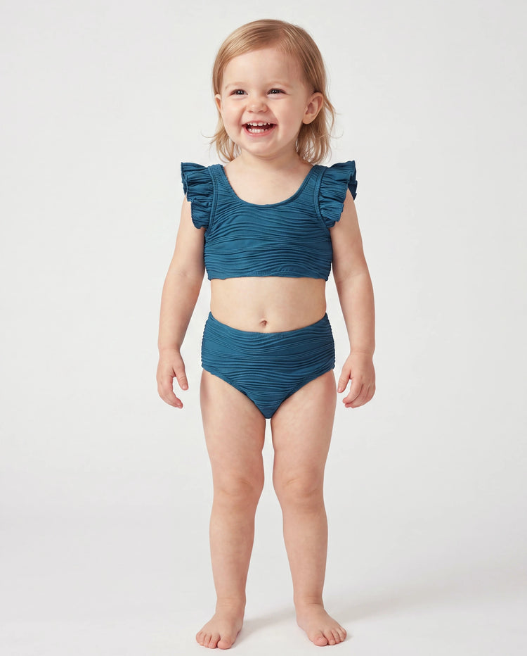 Bikini fruncido con rayas azul verdoso para niña pequeña Multicolor