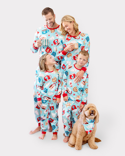 Christmas Matching Family Pajamas Set Gingerbread Print Blue and Red PJS with Christmas Socks Light Blue