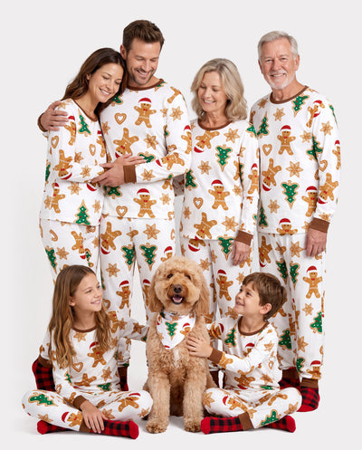 Christmas Family Matching Cartoon Gingerbread Man and Tree All-over Print Long-sleeve Pajamas Sets with Christmas Socks Coffee