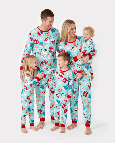 Christmas Matching Family Pajamas Set Gingerbread Print Blue and Red PJS with Christmas Socks Light Blue