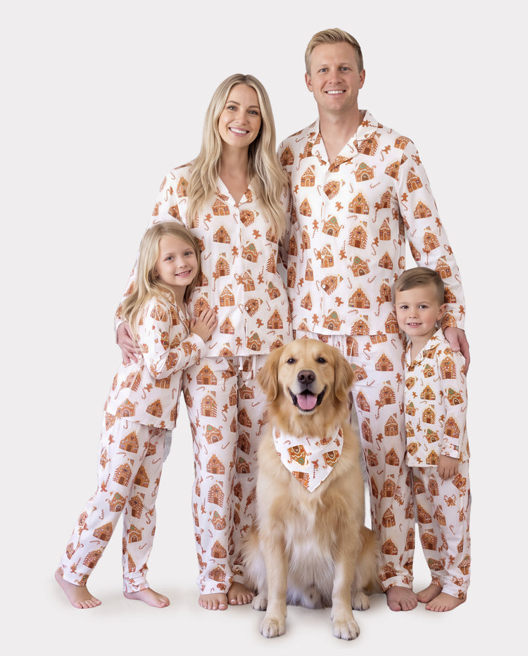 Christmas Matching Family Pajamas Gingerbread House Print Brown