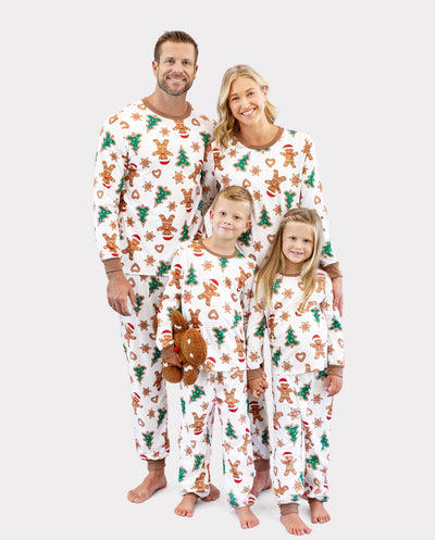 Christmas Family Matching Cartoon Gingerbread Man and Tree All-over Print Long-sleeve Pajamas Sets with Christmas Socks Coffee