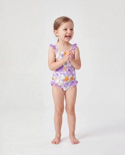 Bañador de una pieza con volantes y estampado floral para niña pequeña Púrpura