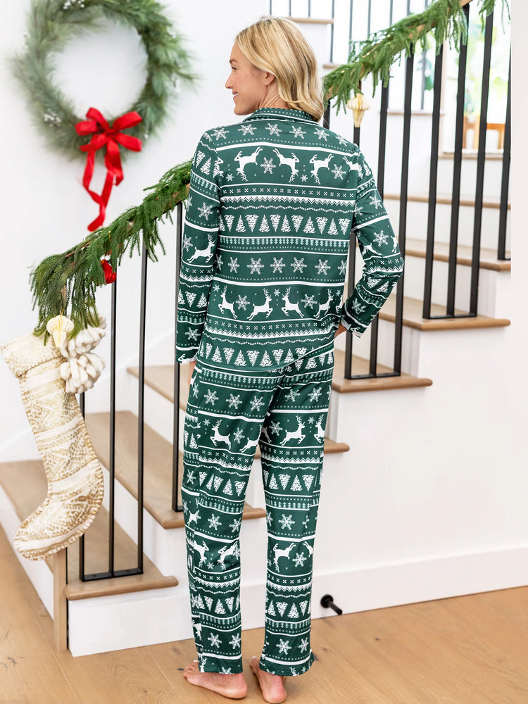 Christmas Matching Family Pajamas Set Allover Reindeer and Snowflake Print Long-sleeve Collared PJS with Christmas Socks Dark Green