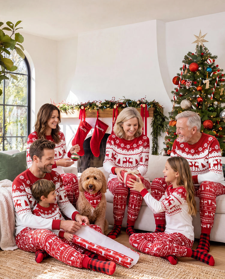 Christmas Reindeer and Snowflake Print Family Matching Pajamas Sets with Christmas Socks Red