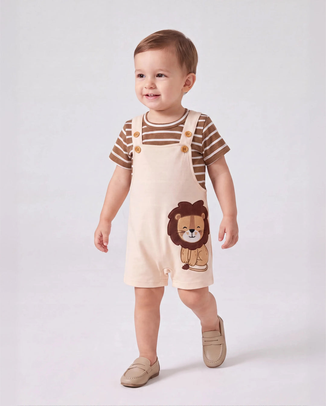 Baby Boy 2pcs Stripe Pattern Tee and Lion Print Overalls Shorts Set Khaki