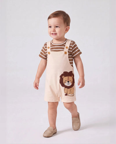 Conjunto de 2 piezas de camiseta con estampado de rayas y pantalones cortos con estampado de león para bebé niño, color caqui