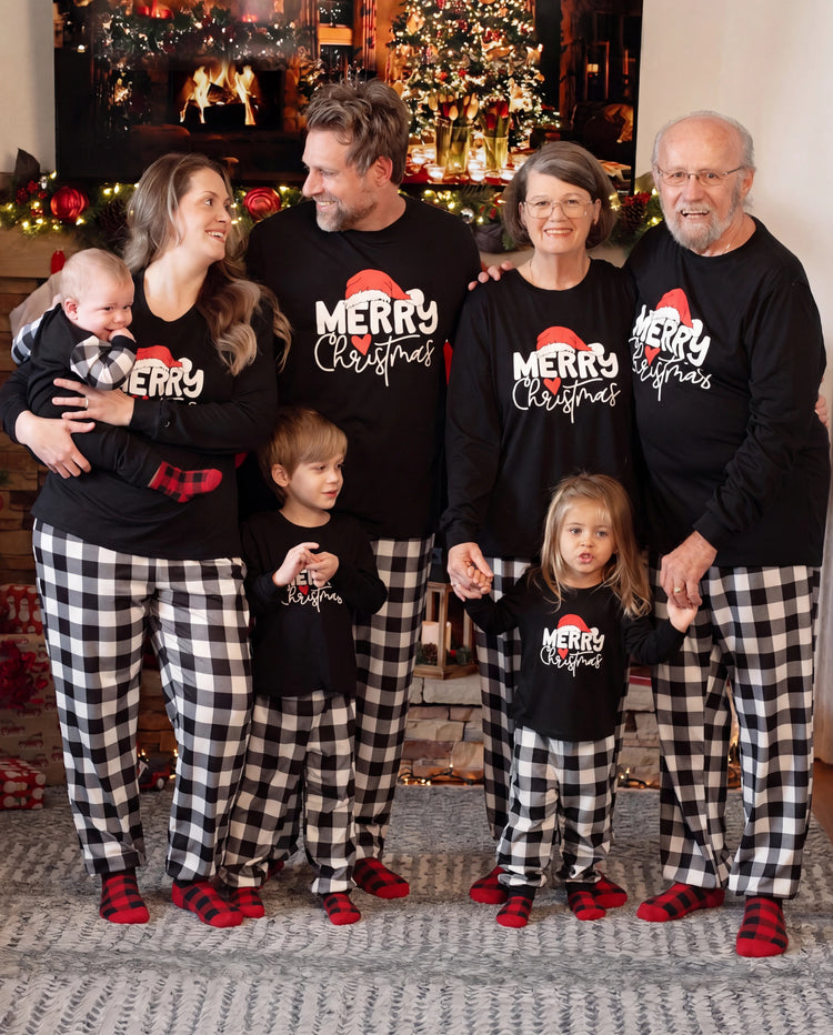 Christmas Family Matching Glow In The Dark Letters Print Long-sleeve Pajamas Sets with Christmas Socks Black+White