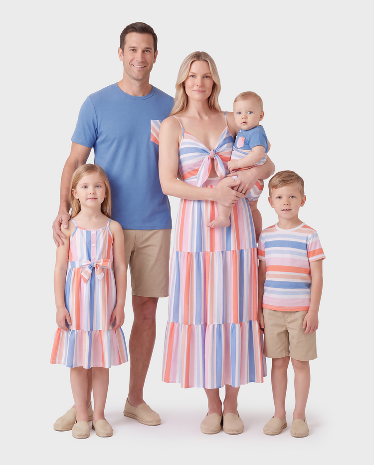 Family Matching Blue Short-sleeve Tee or Colorful Stripe Camisole Dress Multi-color