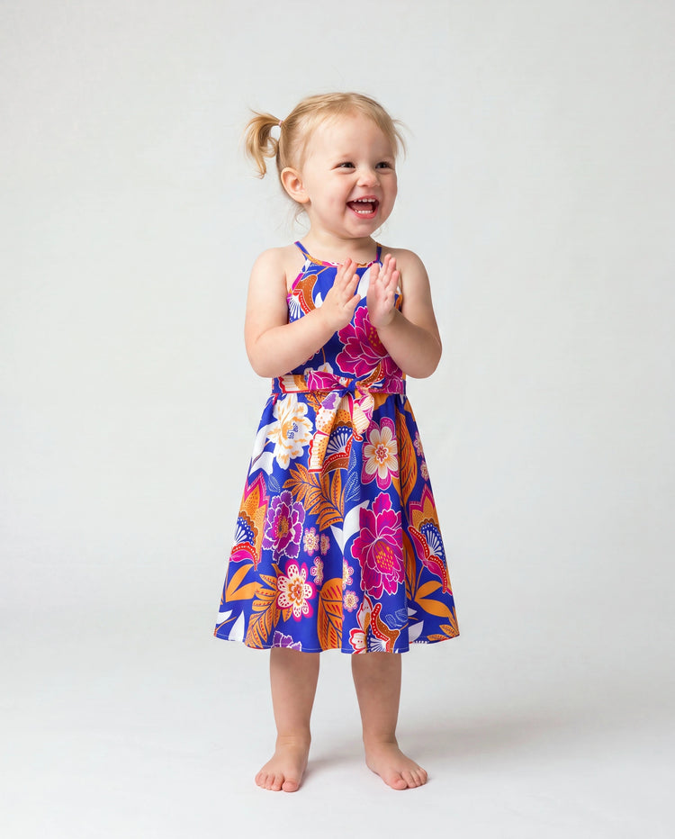 Tenues hawaïennes pour fille tout-petit/enfant, imprimé floral tropical, robe à bretelles ceinturée, ensemble vêtements de vacances d'été pour la plage, marine