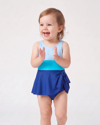 Robe de bain bicolore à une épaule pour fillettes, bleu