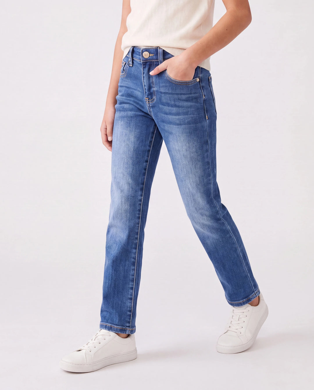 Kids Pull On Elastic Waist Denim Jeans Soft Stretch Comfortable Everyday Pants with Pockets Blue