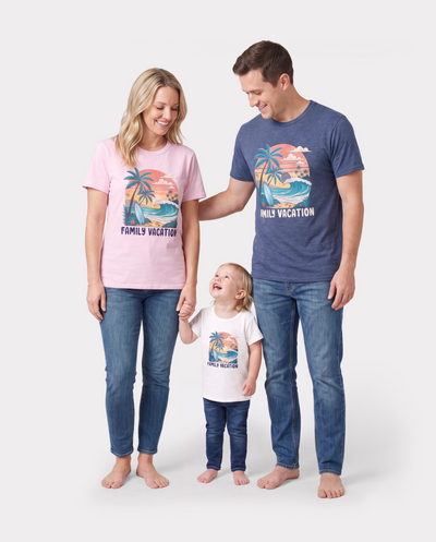 T-shirts en coton assortis pour toute la famille "Vacances en famille" Imprimé surf tropical Multicolore