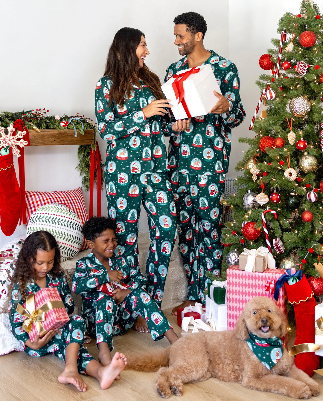 Christmas Matching Family Pajamas Snow Globe Print Dark Green