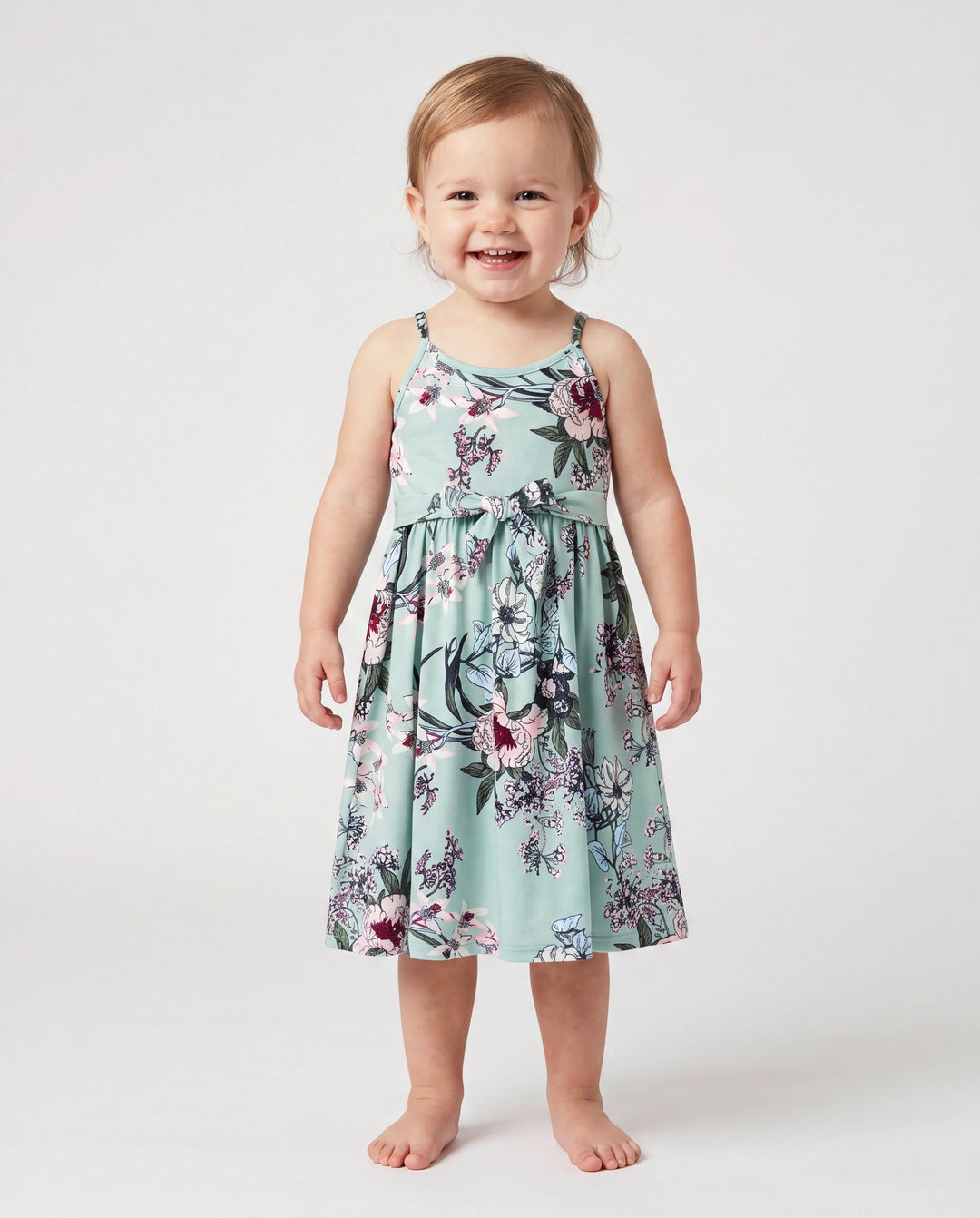 Toddler/Kid Girl Sets Flora Print Strap Belted Dress Light Green