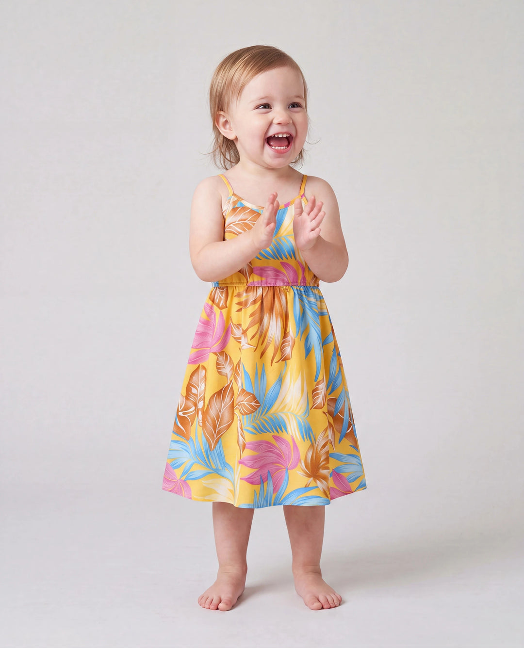 Toddler/Kid Girl Yellow Set Tropical Leaf Print Strap Dress  Yellow