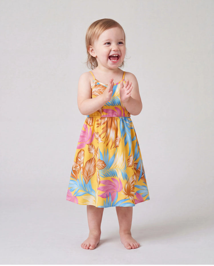Toddler/Kid Girl Yellow Set Tropical Leaf Print Strap Dress  Yellow