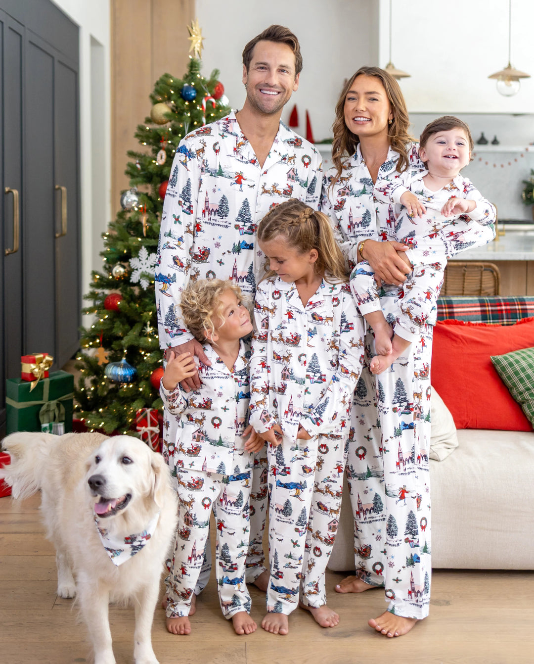 Christmas Matching Family Pajamas Xmas Village Print White