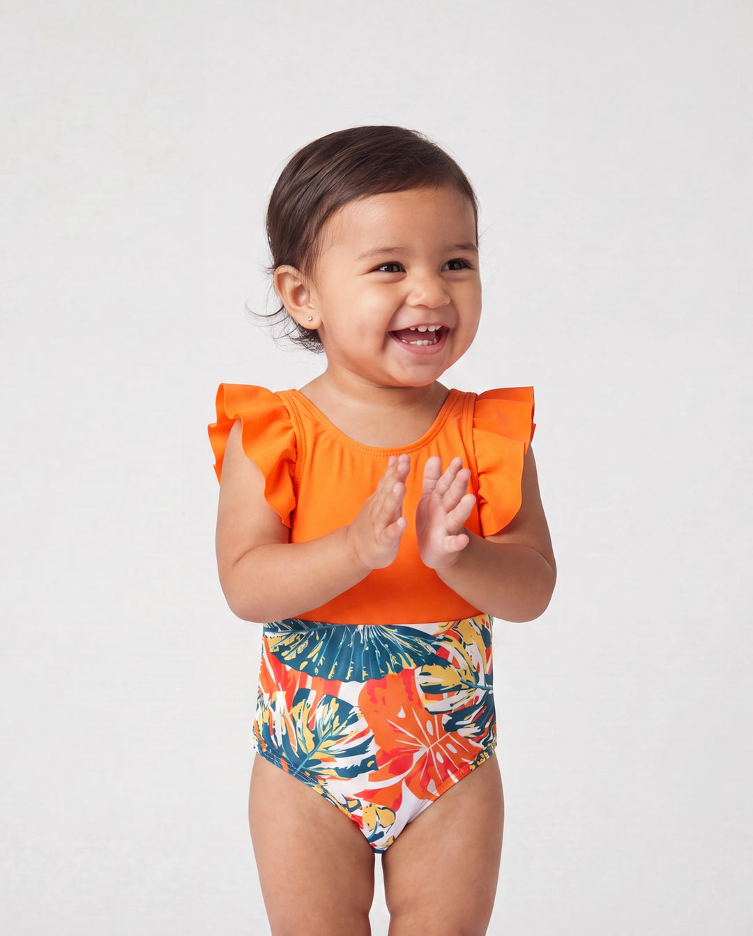Toddler Girl Orange and All Over Tropical Plant Print Splicing Ruffle One-Piece Swimsuit Orange color