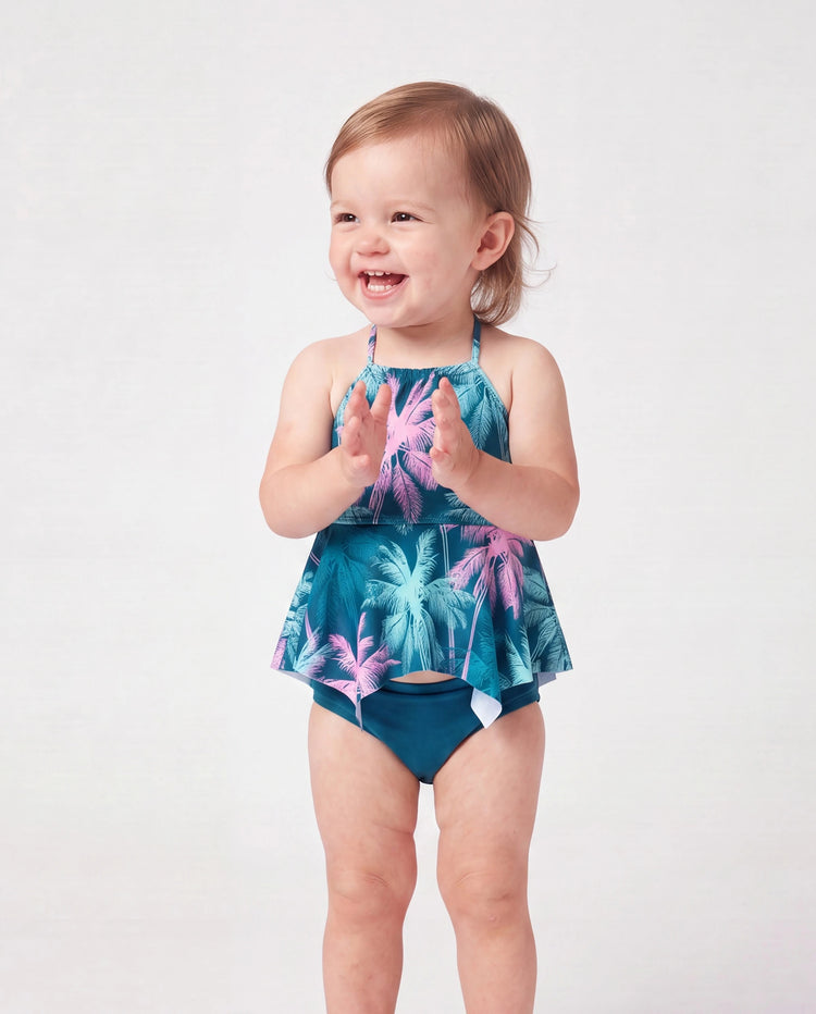 Bañador de dos piezas con volantes y estampado de palmeras tropicales para niña pequeña, ropa de baño para vacaciones en la playa Turquesa