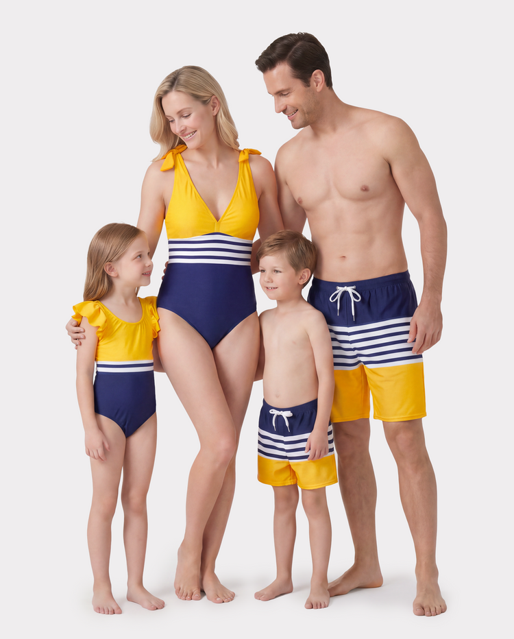 Familie passende Streifen & Colorblock gespleißt Einteiler Badeanzug oder Badehose Shorts Farbblock