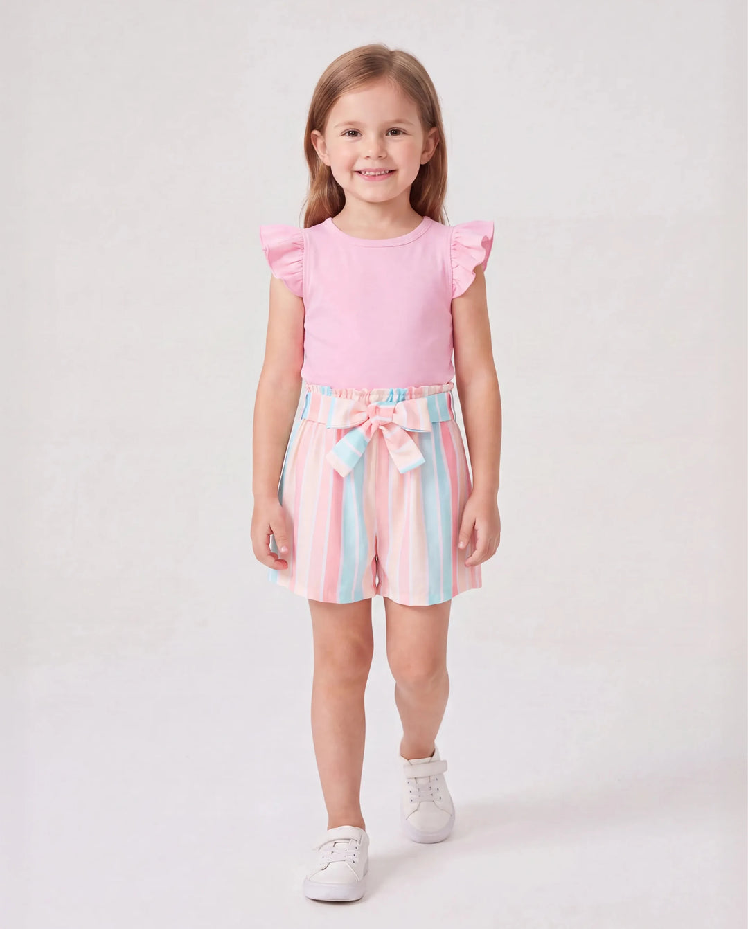 2pcs Kleinkind Mädchen Süße Flutter-Ärmel T-Shirt und Streifen Gürtel Shorts Set rosa