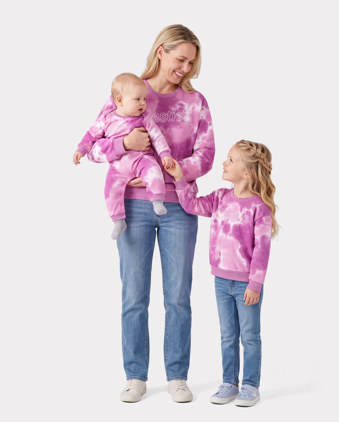 Mommy and Me Besties Tie-Dye Sweatshirts & Baby Romper Pink purple