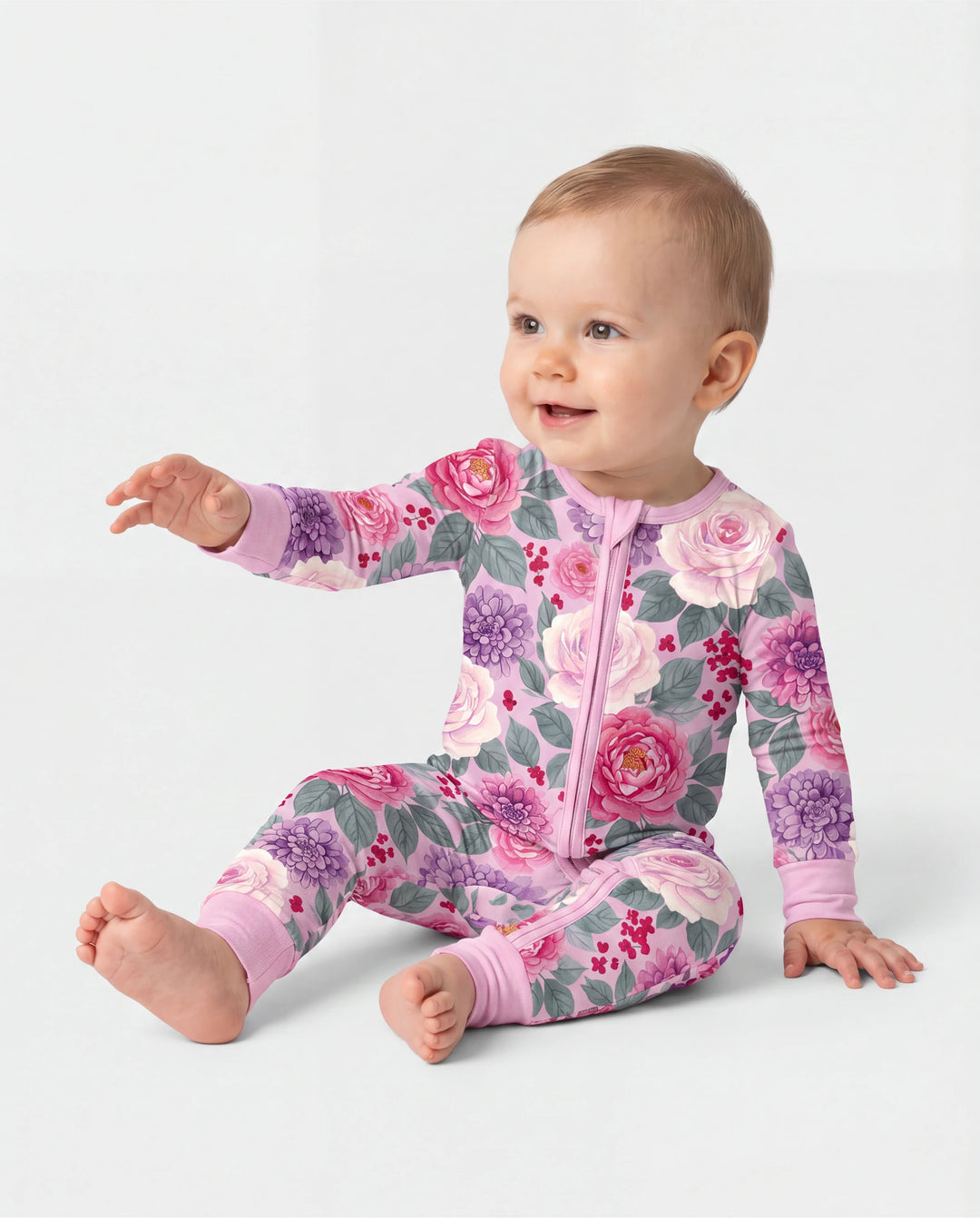 Bamboo Baby Neutral 1 Stück Blumenmischung Eng anliegender Reißverschluss Fußloser Schlafanzug Dunkelrosa
