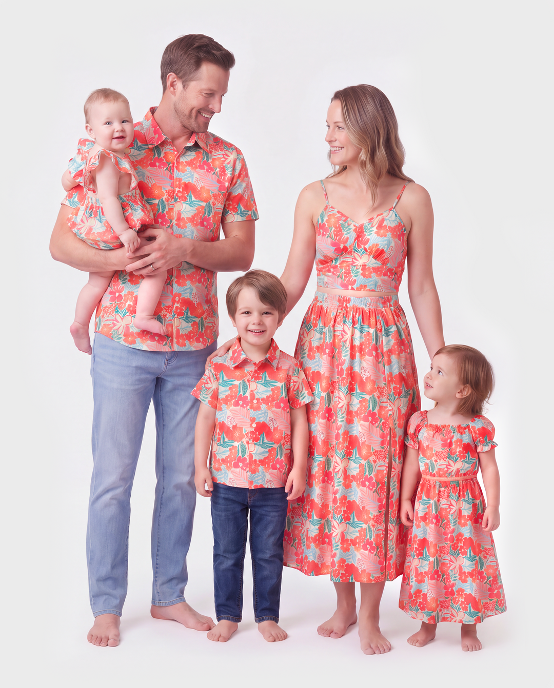 Matching Family Outfits Hawaiian Floral Print Shirts &  Sleeveless Strap Top and Skirt Co-ord Set Multi-color
