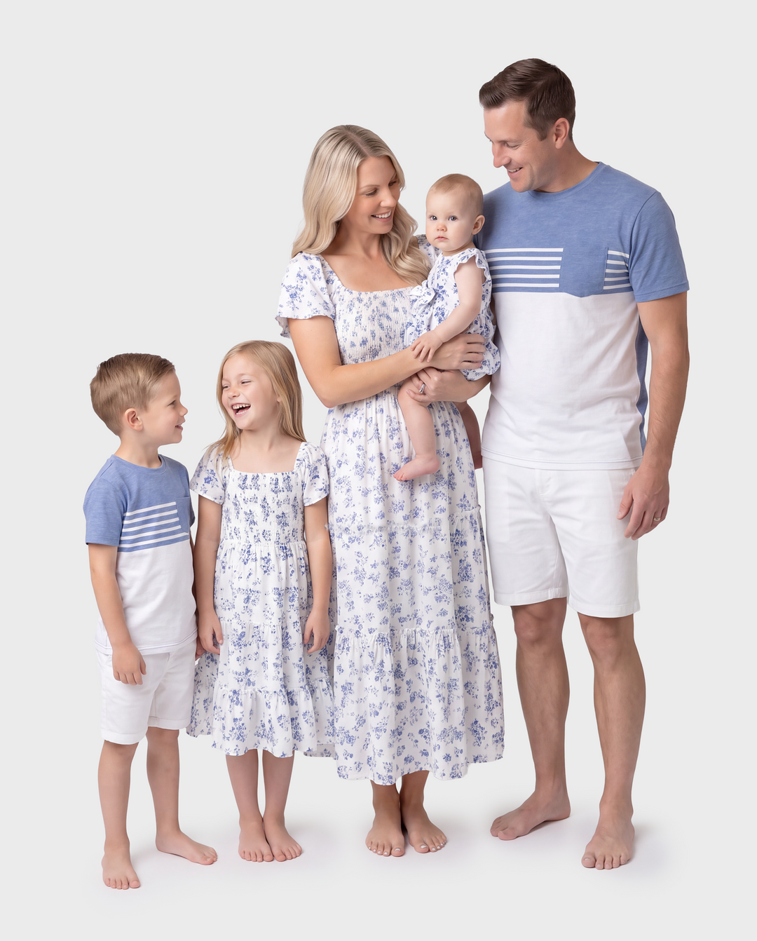 Family Matching Outfit: Floral Smocking Casual Suit BLUEWHITE
